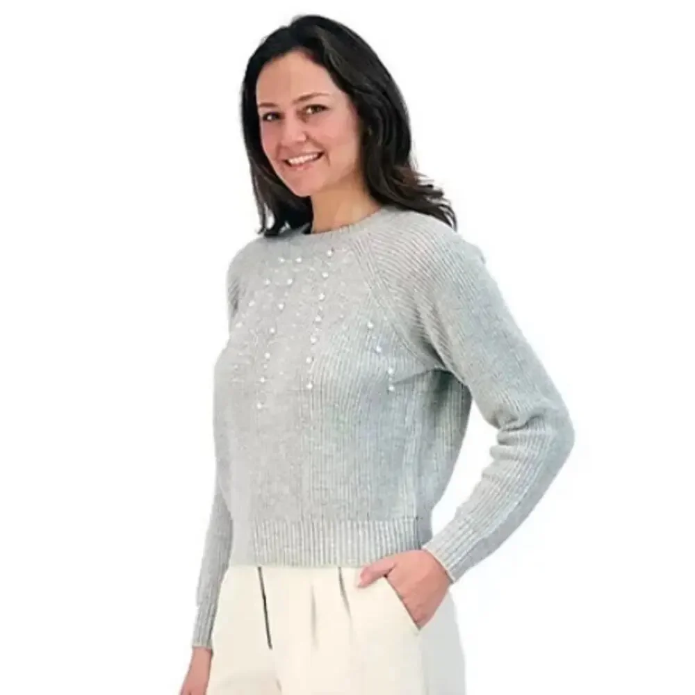 French Connection Women’s Pearl-Embellished Gray Knit Sweater Size XS Coquette